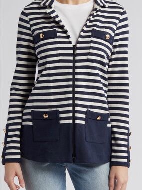 NIC+ZOE City Charm Sweater Jacket Navy and White